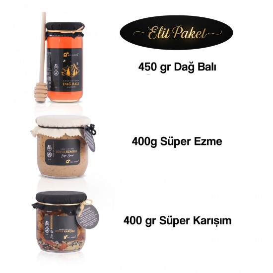 Elit Paket (3'lü ): Saf Doğal Dağ Çiçeği Balı 450g + Süper Ezme 400g + Süper Karışım 400g