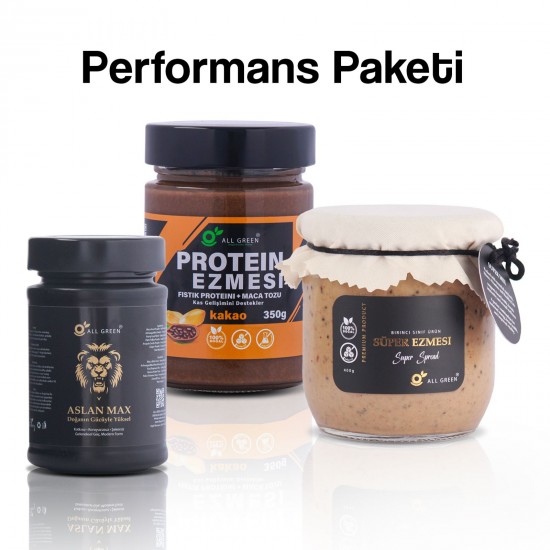 ERKEK PERFORMANS PAKETİ (Erkekler için): Süper Ezme 400g + ASLAN MAX 250g + PROTEİNLİ FISTIK Ezmesi 325g