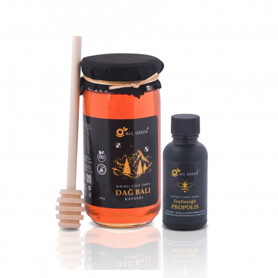 Dağ Balı Karışık Çiçek 450g + Propolis Zeytinyağlı 30ml Paketi | ahşap bal çubuğu